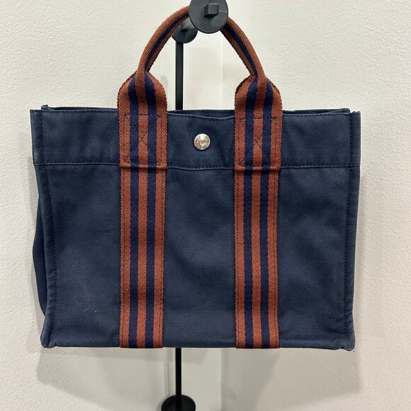 1068 HERMÈS Toile Fourre-Tout PM Tote Blue - Picture 1 of 8